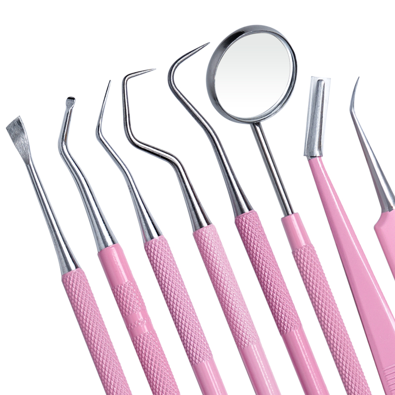 Dental Mirror Probe - 8個入り歯科器具歯磨きツールピンクキット口腔鏡ピンセットダブルプローブ鎌型ホーかき取りスケーラー歯科医ツール
