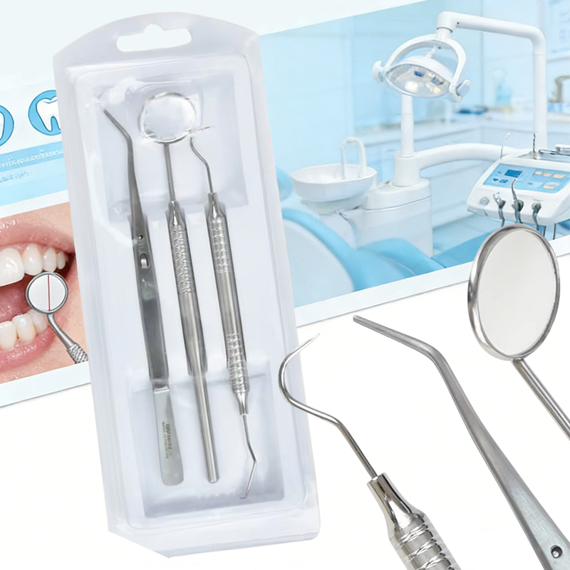 Dental Mirror Probe - 3ピース歯科用ステンレススチール製ミラープローブピンセットキット歯垢クリーニング用口腔ミラーセット